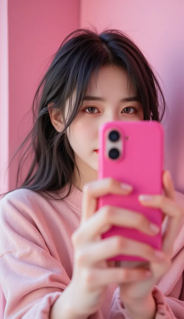 Woman posing for a selfie using pink 