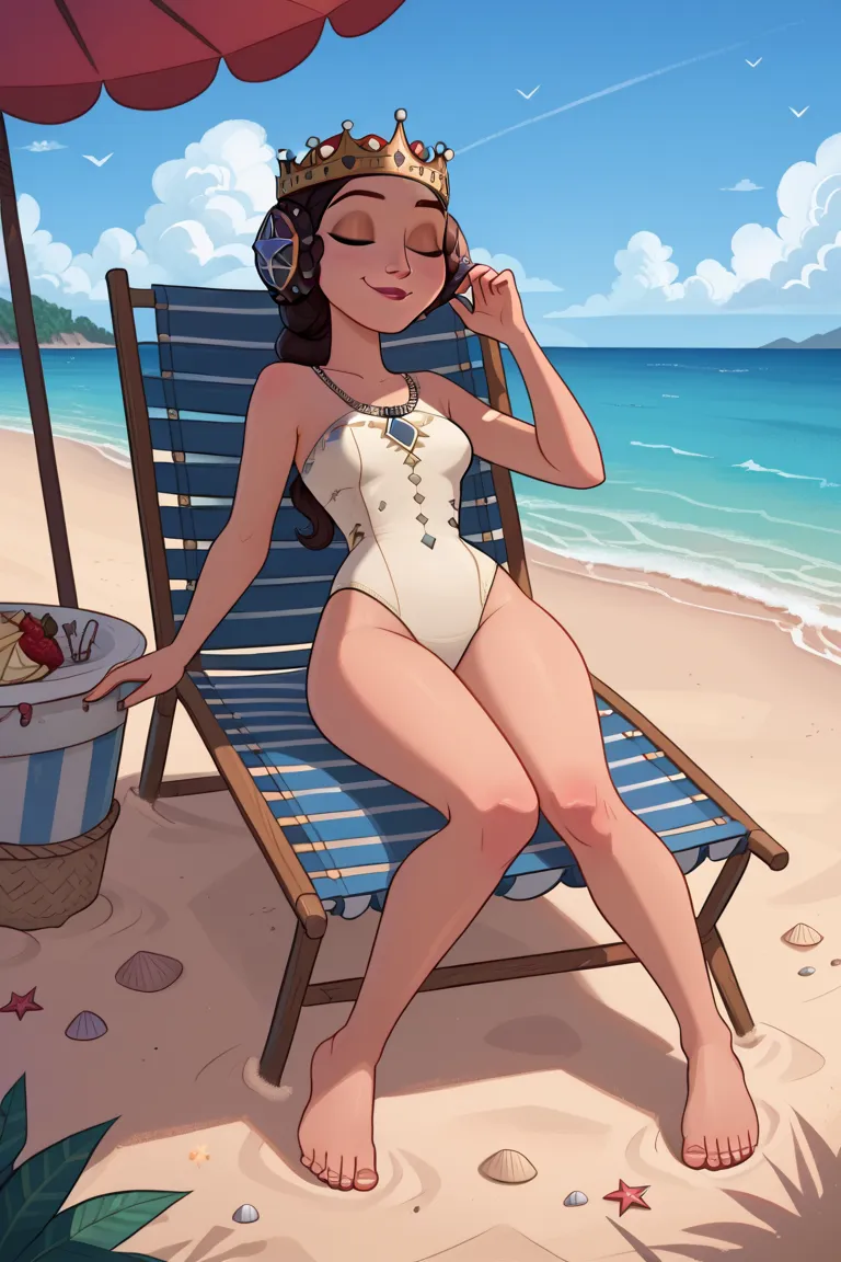 Queen AmayaPDXL, 1girl, solo, sleeveless, cream-colored one-piece swimsuit, swimwear, ExpressiveHscore_9, score_8_up, score_7_up, hips, High Resolution, Accurate, Best Quality, HD, High Quality, Smile, Closed Eyes, closed mouth, sunny blue sky, sand, ocean...