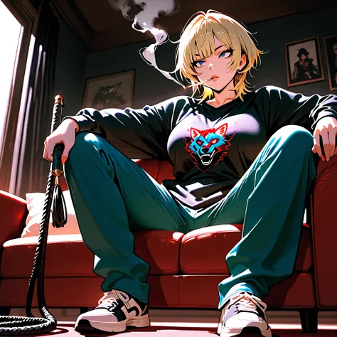 hanging eye, cigarette, smoking, smoke, blonde hair, blue eyes, short hair, breasts, ((wolf cut)), loose fit, 24 years old,  whip, glamour, messy hair, slant eyes、tsurime ,  Sanpaku,, masterpiece, UHD, anatomically correct, super detail, high details, high...