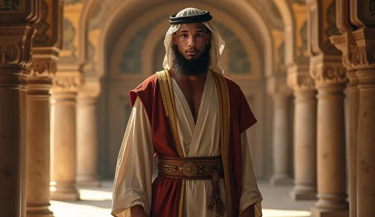 r: A young bearded Arab man in a tunic in a villa in ancient Mecca. 