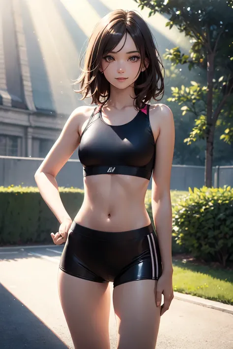 (highest quality:1.5, high definition, UHD, 4K, detailed lighting, shader), NSFW,  girl, cool , short brown hair ,  Cool face , black latex shorts , sports bra with small area,  Realistic Sun Rays 