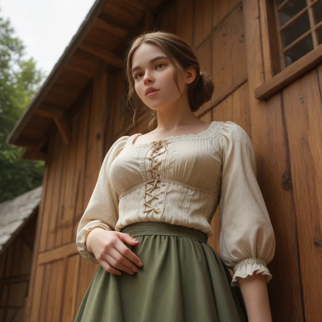 She can be seen from the alley of a small medieval settlement. Mirien, a young woman with delicate features, leans out of the window and looks out on the first floor of a medieval wooden house.

She has beautiful brown eyes and medium-length, straight brow...