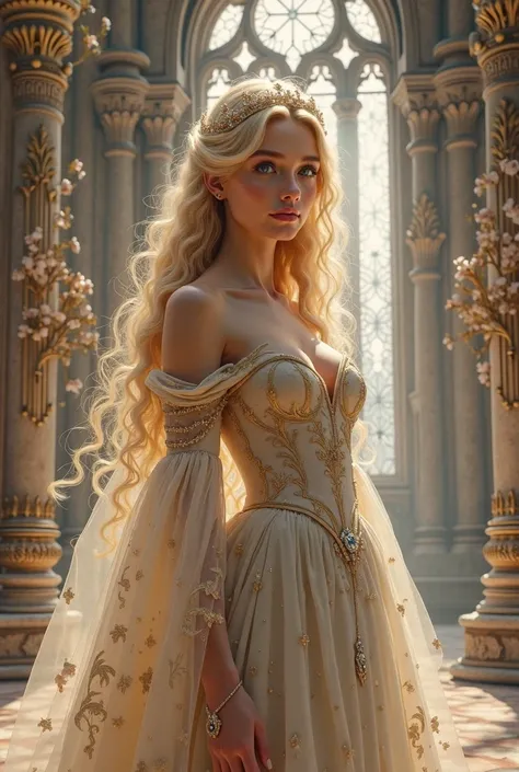  princess, blue eyed blonde, in a castle, full body