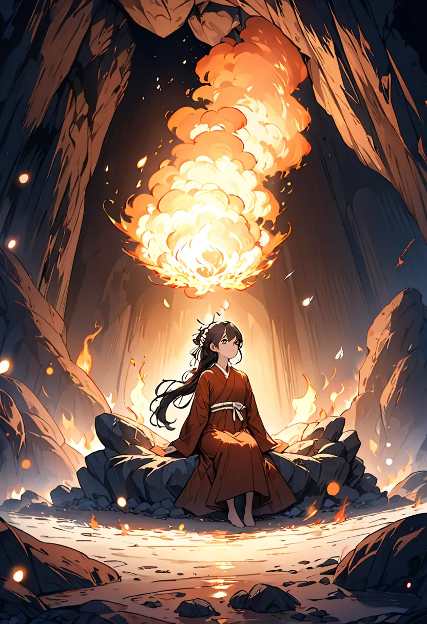 (best quality, masterpiece),  (1 girl, Alone, Brown Robe,  Emoji, look away, sitting, wide sleeve,  dark eyes, closed my mouth, Ribbon-shaped fire on head, long hair, Cowboy Shooting), (monochrome on Yang, Night sky at the cave entrance , Light rising from...