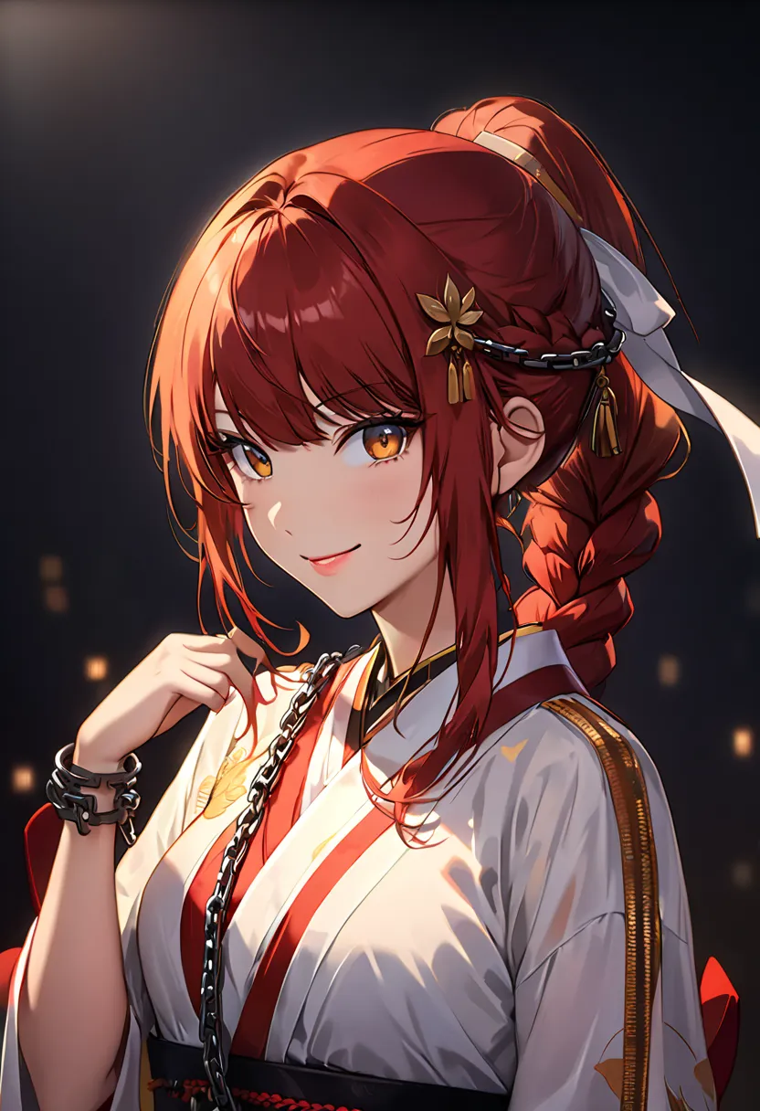 (masterpiece), (best quality), Makima with Taylor Swift&#39;s face ( chain on handaw man), best quality, Ultra High Definition, 1 girl, Alone, standing, red hair,  long braided hair,  with golden eyes , bangs, medium breasts, tie, Look, smile, (bad: 1.2), ...