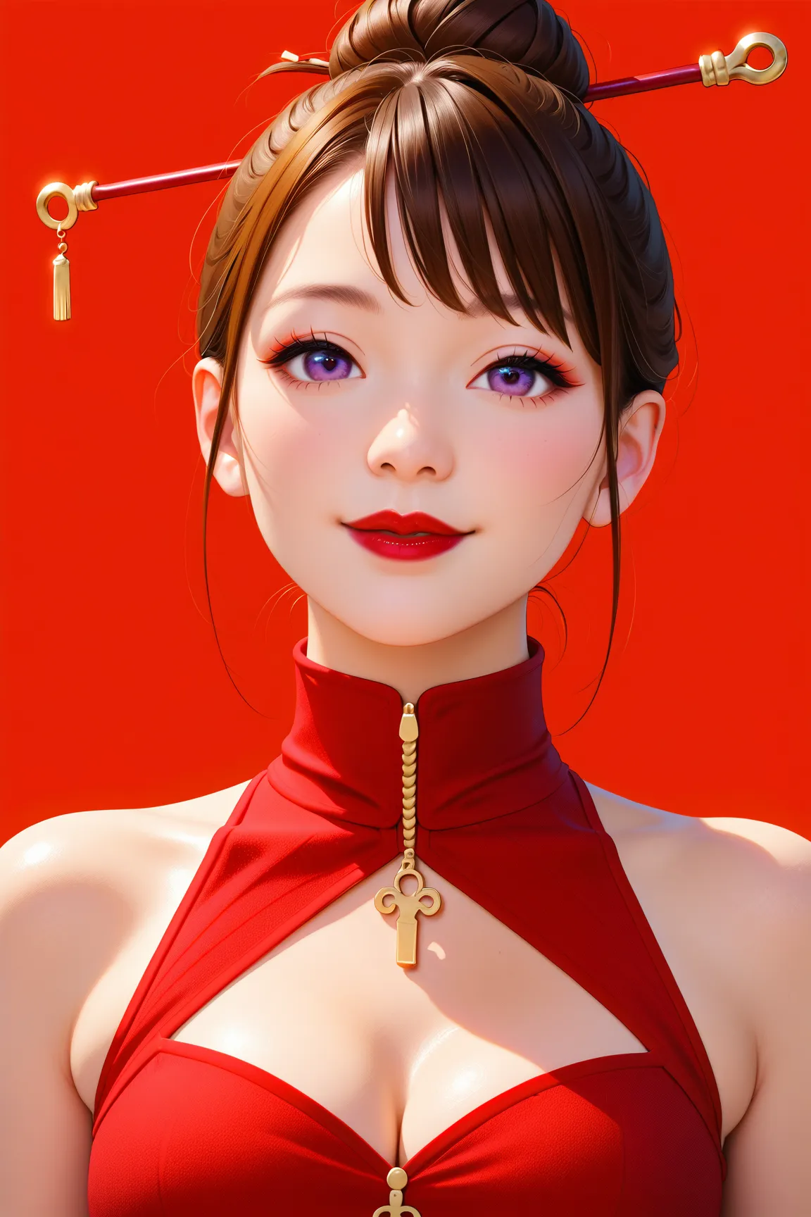 portrait of sexy asian woman, (asian face),(small eyelids), asian eyes, smile, red eye shadow, single hair bun, pale skin, hair sticks, skinny, closeup shot, small breasts, slim body, red lips, dark brown hair, bangs on the face, big purple eyes, (red silk...