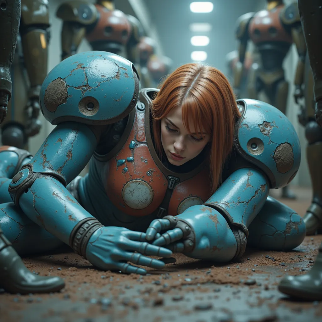 high resolution, masterpiece, photo realistic, surrealism Samus Aran video game character of Metroid, seriously wounded, wearing intensely worn out torn out light blue zero suit, lying face down on the ground, exhausted hopeless expression, surrounded by e...