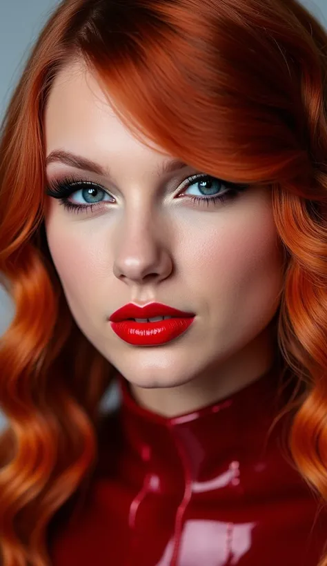 extremely glossy red lips, latex outfit, latex rubber dress, portrait of face and chest, red hair, eyeliner flicks, dramatic eye makeup