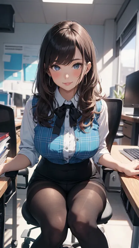 1 boy, penis, buttjob, black pantyhose, cum
1 girl, OL, office lady, large breasts, brown hair, earrings,  ribbon, cute face, pink lips, smile, blushing, wearing a blue plaid vest, wear a white shirt, oreange plaid pencil  skirt, sitting on a chair, (((fro...