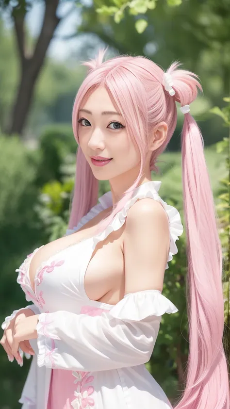 (( Big Breasts))、  upper body picture、  Please take a close up photo of your face  、  white skin、   amazing light、  White Collar Shirt、(( pink hair :1.2))、(( twin tails:1.4))、(( straight hair that can't be seen from the outside))、blunt bangs、Detailed embro...