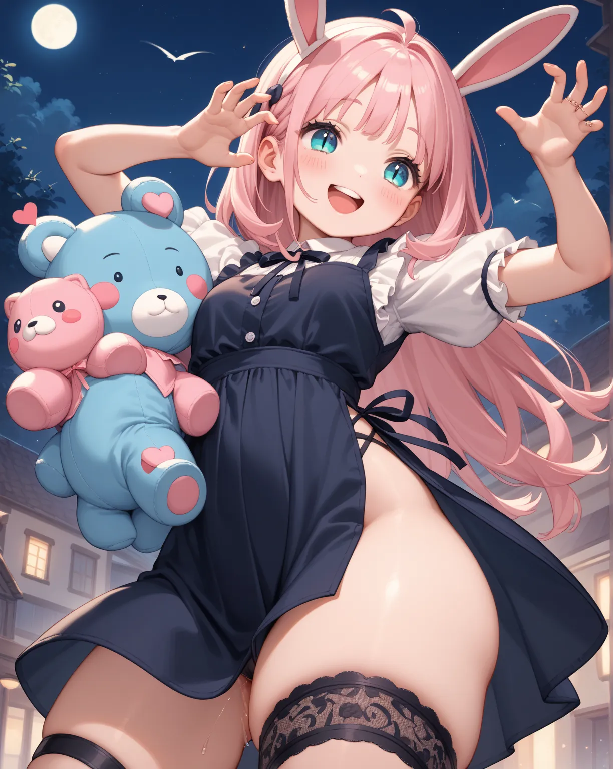 chibi anime , petit girl , round face , show off Thick thighs , bold open side drawstring dress , black garter ring , (heart is beating fast:0.1) , (Rodents tooth) , bold pose , out of frame , looking away , coquettish , rabbit ear , turn , night club , di...