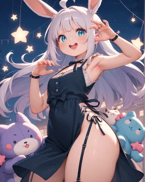 chibi anime , petit girl , round face , show off Thick thighs , bold open side drawstring dress , black garter ring , (heart is beating fast:0.1) , (Rodents tooth) , bold pose , out of frame , looking away , coquettish , rabbit ear , turn , night club , di...