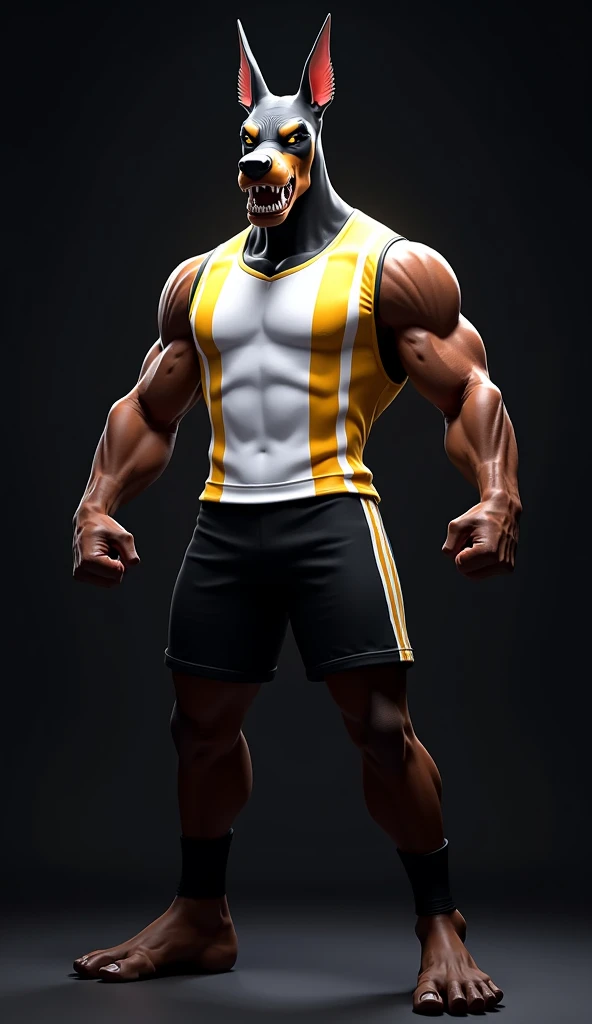 A fierce Doberman, the mascot of an e-sports team, standing in a powerful pose with arms open. The Doberman has an intense, angry expression, exuding dominance and strength. It is wearing a uniform consisting of a white shirt with yellow and white vertical...