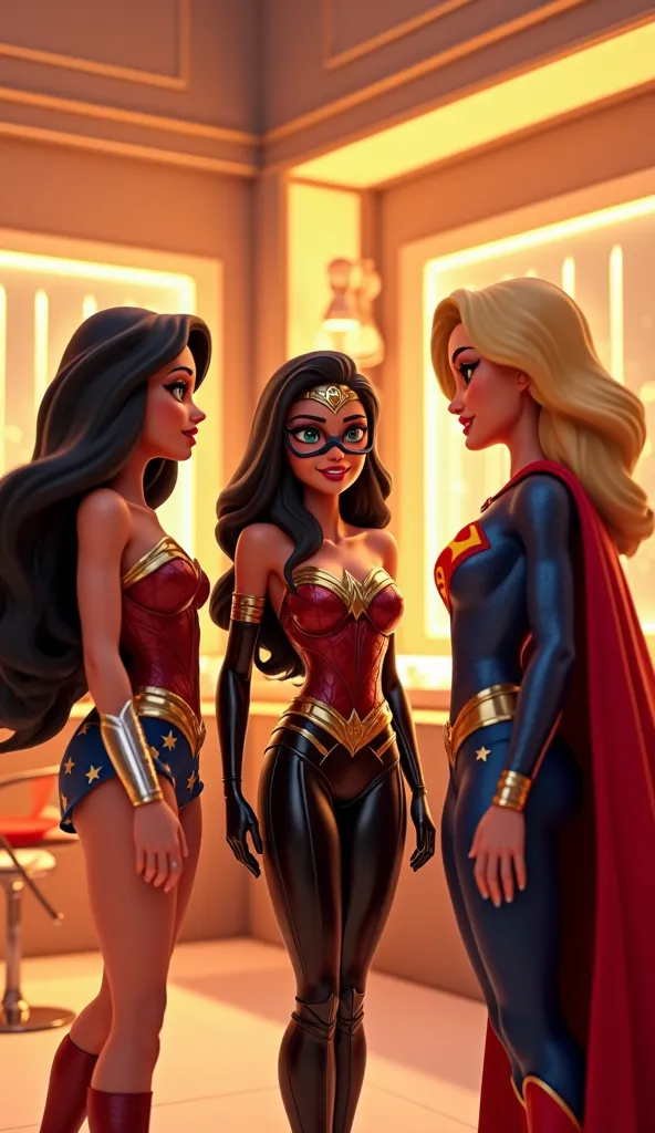 Create an ultra-realistic, cinematic, and highly detailed 3D-rendered cartoon-style image of Wonder Woman, Catwoman, and Supergirl inside a luxurious multiversal beauty salon during the golden hour. They are engaged in a lively conversation, with expressiv...