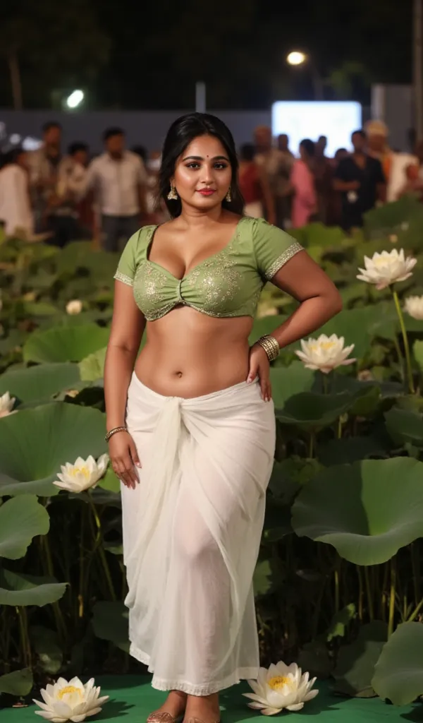 Night photo of an Indian woman dressed as a Yakshini, with a detailed round face, perfect black eyes, looking at the viewer, detailed red lips, perfect body, large breasts, deep cleavage, flat stomach, round navel, curved hips, waist, one hand on the waist...