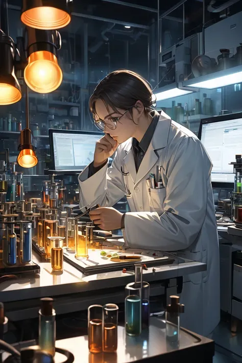 a scientist in a laboratory suit and some chemistry materials