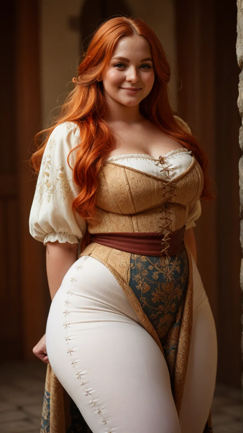 Exquisite and beautiful beautiful woman ,The medieval villager's clothes,Thicker Thighs,plump,fat body,are swollen,Swollen thighs,Larger clothes, naughty smile, big body ,long hair,  redhead, 