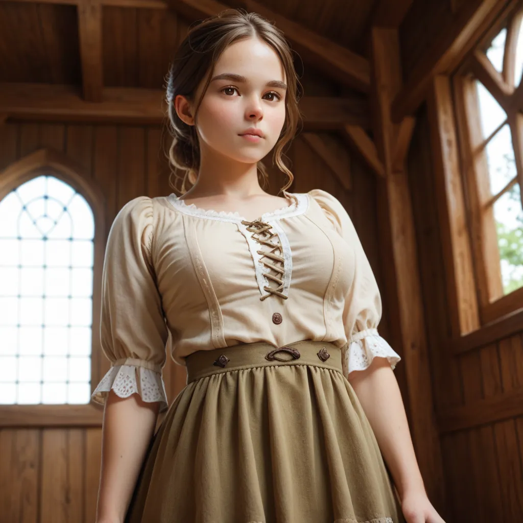 Mirien, a young woman with delicate features, leans out of the window and looks out on the first floor of a medieval wooden house.

She has beautiful brown eyes and medium-length, straight brown hair with slanted bangs framing her round, delicately sculpte...