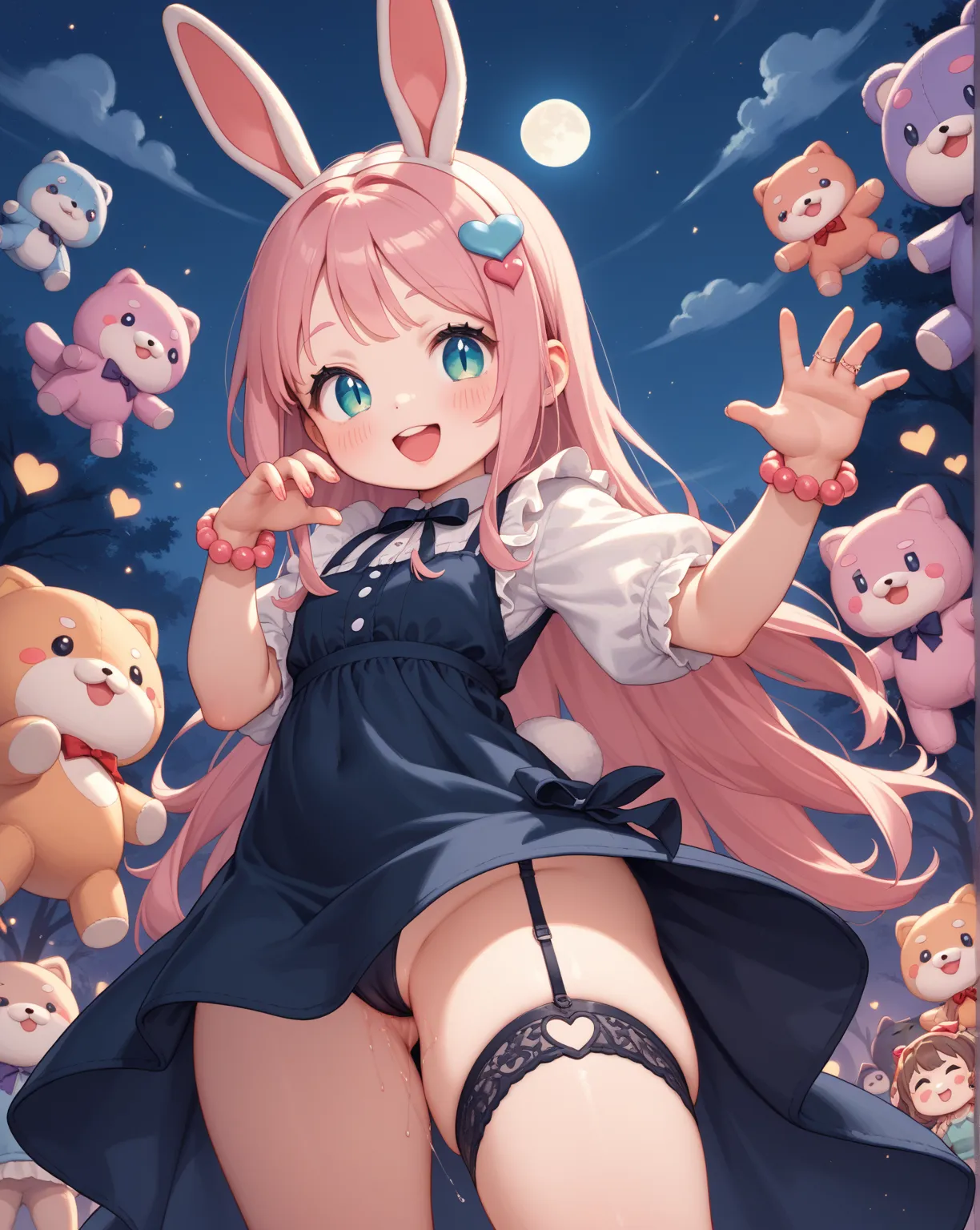 chibi anime , petit girl , round face , show off Thick thighs , bold open side drawstring dress , black garter ring , (heart is beating fast:0.1) , (Rodents tooth) , bold pose , out of frame , looking away , coquettish , rabbit ear , turn , night club , di...