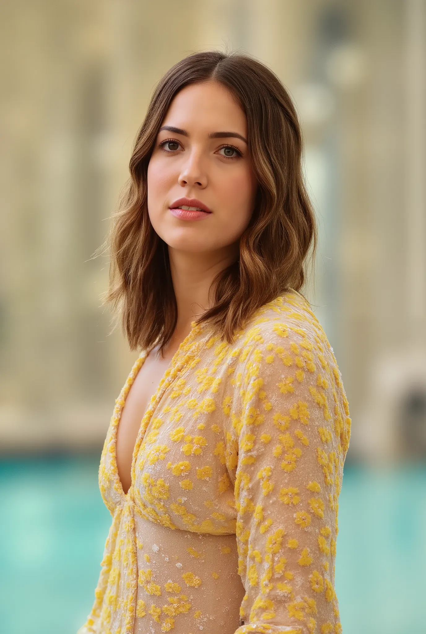 best quality, highres, 8k, masterpiece, photography, detailed midbody photorealistic portrait. Mandy Moore turns heads in a sunburst yellow one-piece swimsuit with a plunging neckline and high-cut legs, bringing a bold and radiant energy. Her long, wet hai...