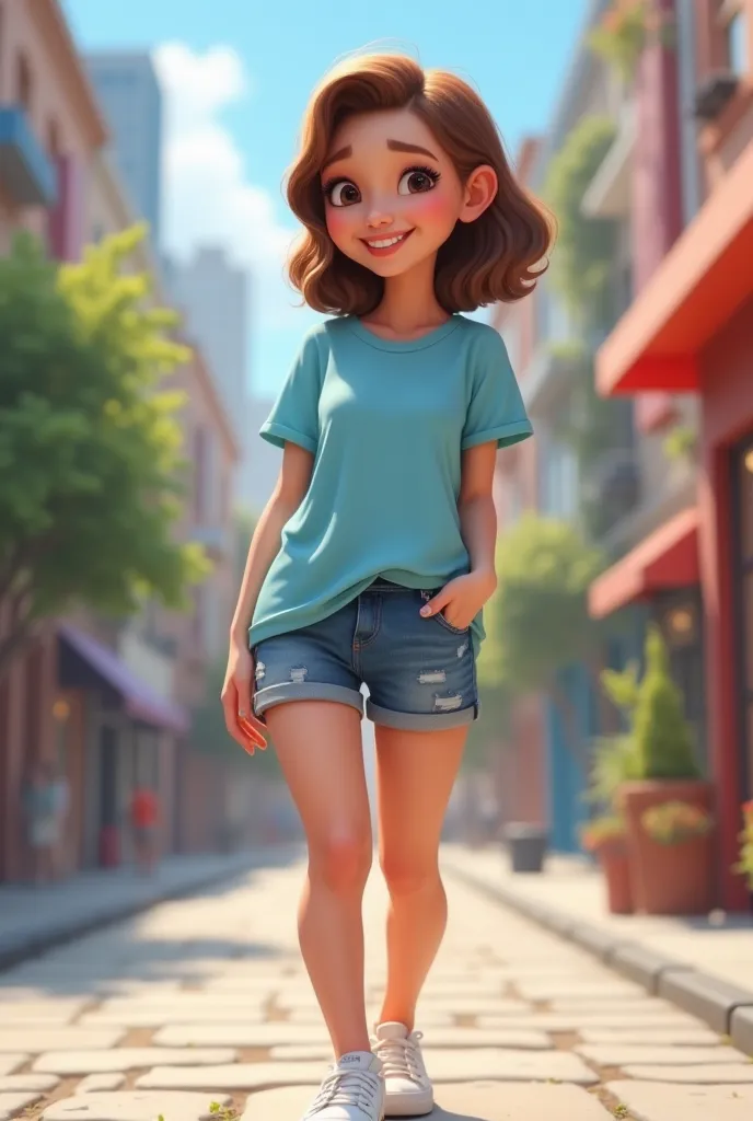 , s, 3d drawing, brown hair to the shoulder, pretty and cute face, Of light blue t-shirt and denim shorts, white tennis, on a cheerful city background