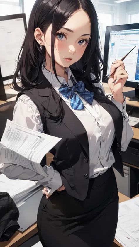 1 girl, Solo, 25 years old, Best Quality, Ultra-detailed, 8K, High resolution, Detailed face, black hair, (((half up))) (((office leady, office uniform, vest, bowtie, pencil skirt, pumps))), in the office, holding a bundle of papers,