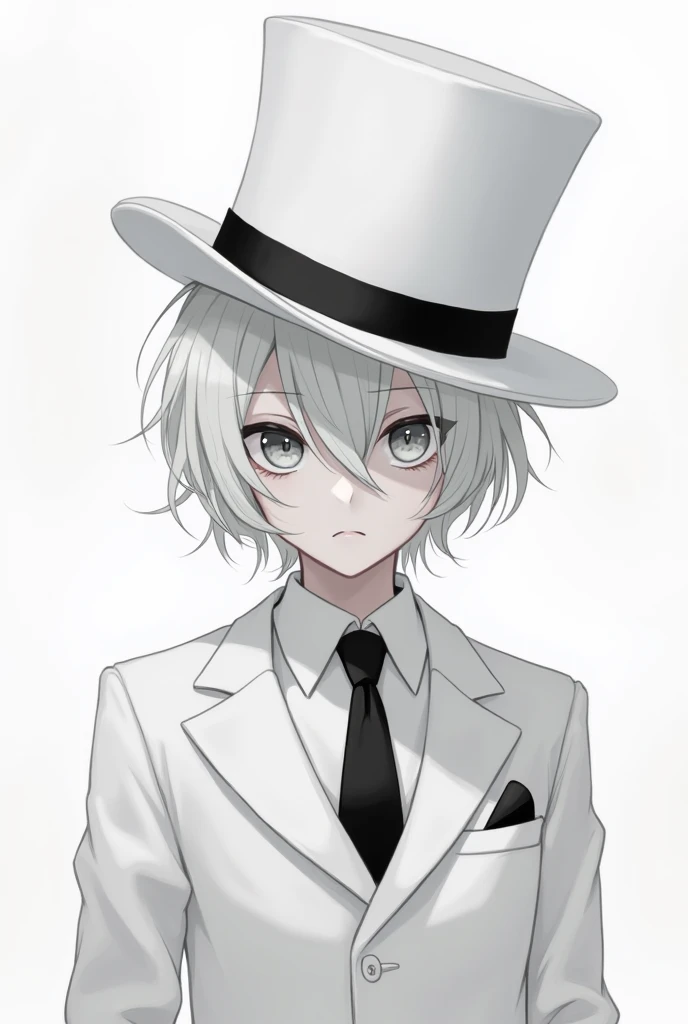 An anime boy with a white suit and black tie, white top hat, white skin, and white hair