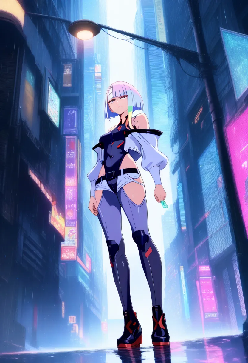 1girl, lucy \(cyberpunk\), cyberpunk edgerunners, (standing directly under a flickering streetlamp:1.5), neon-lit cyberware, torn jacket, rain-soaked alley, (streetlamp light casting downward onto her:1.4), holographic billboards in background, glowing dat...