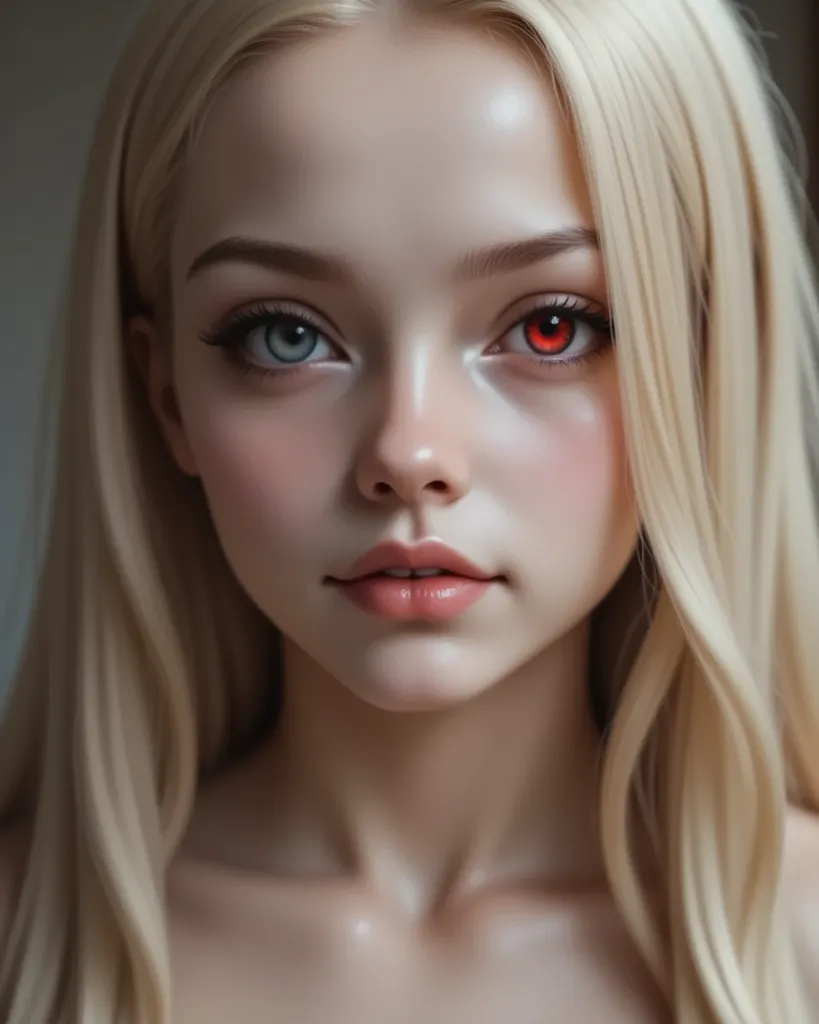 the girl in the image has realistic blonde hair, the right eye is black and the iris is blood red and the other eye is normal on the right side half ghoul tokyo ghoul