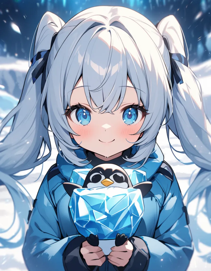  silver long hair 、beautiful girl with twin tails、smile、Antarctic ice fields、I'm with cute penguins、Blue down coat 、