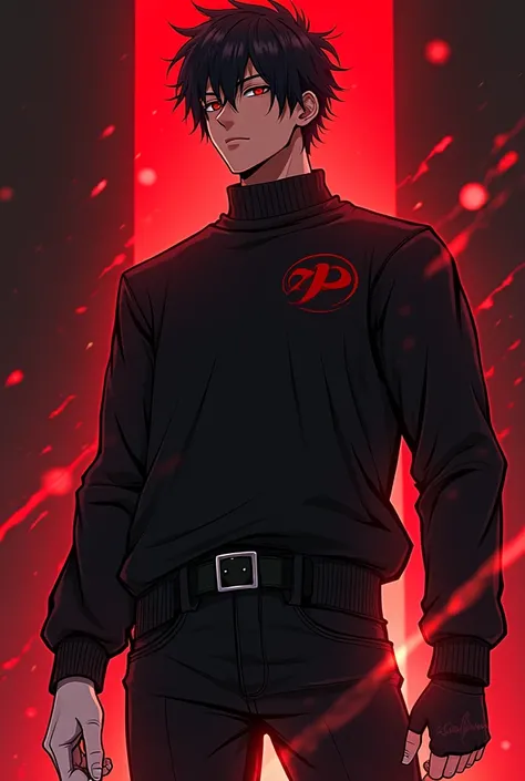 A handsome tall man with black hair and bright red patches and with black eyes with bright red pupils and a black sweatshirt,All black pants,black belt,Black sneakers under white and black gloves with an aura of red and black rays anime version