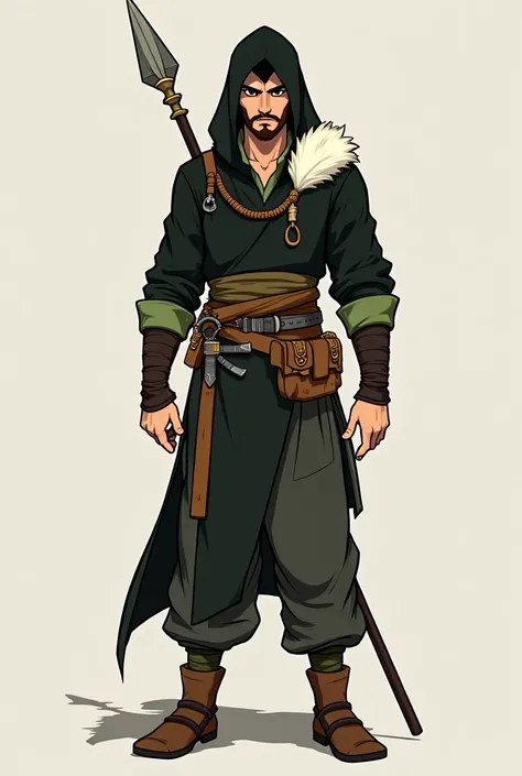 Create an original character based on the legend of Avatar Aang.
First: Moreno 
Physical size: Athletic and well-positioned pants
Hair and beard: Short dark brown
Olho: light green
Clothing: primitive warrior, black V-shaped hoodie covering the forehead,  ...