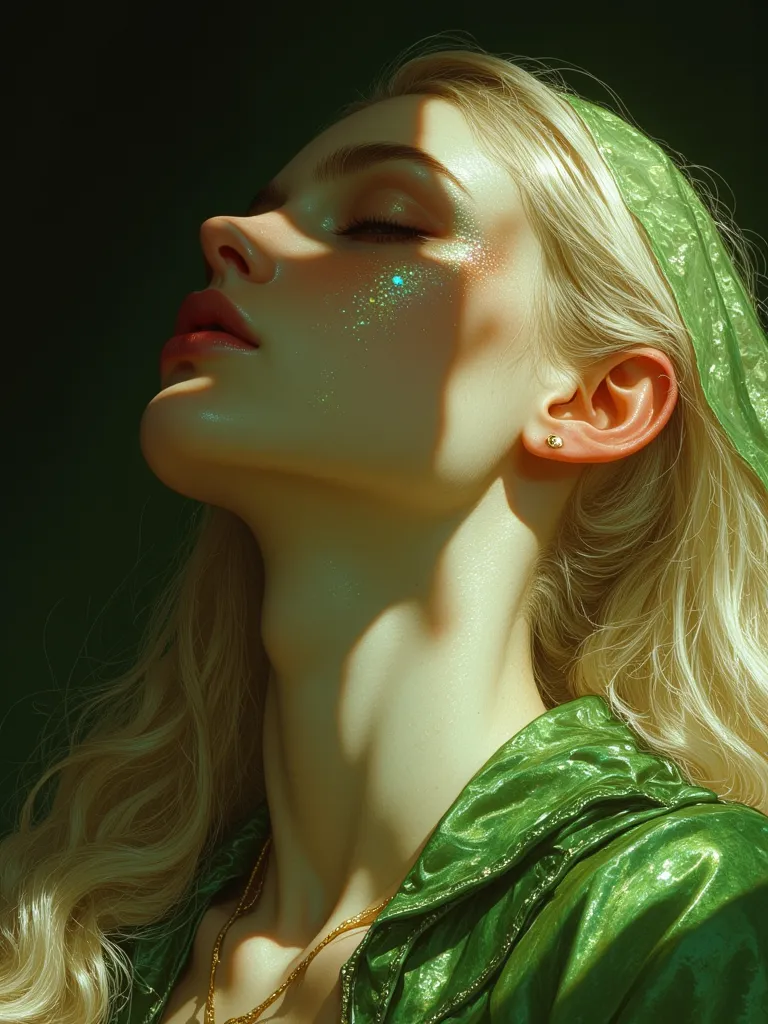 Beautiful albino european woman full body sleeping portrait, prism colors reflecting in her face, sun light coming from right side on 45 degrees directly in her face, green veil and factory, dramatic shadows, freckles, blonde, serene, pale green shades and...