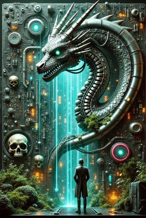 a stunning piece of bio-mechanical genre digital art, Component Details on Intricate Metal Circuits with Micro-Futuristic Details, Upright Symmetrical , as a whole Circuit of components forming a complete Robotic Dragon resembling a metallic i-robot body. ...