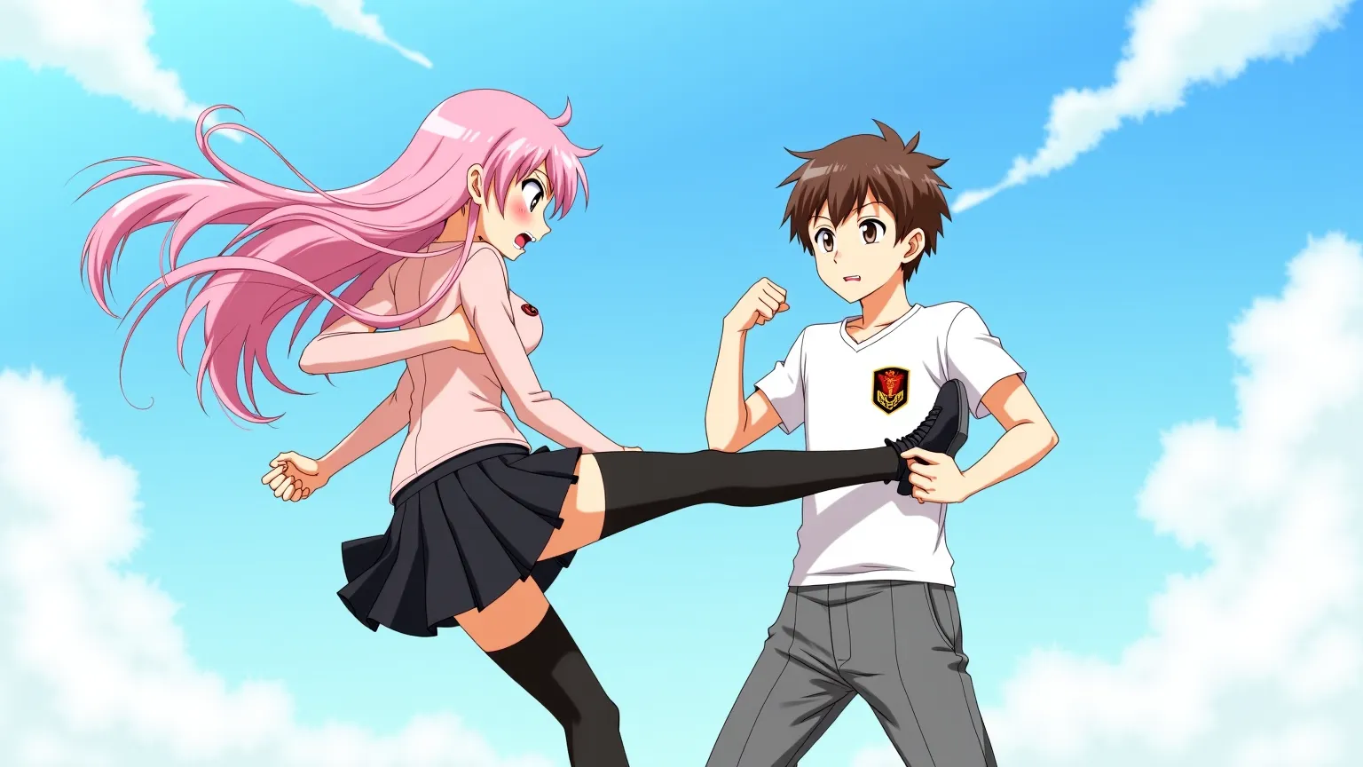 Web novel and manga anime illustration. Against the backdrop of a schoolyard under a blue sky with white clouds, two agers in school uniforms collide in a dynamic scene.  A girl with long pink hair, with fluttering strands, with short brown hair and a smug...