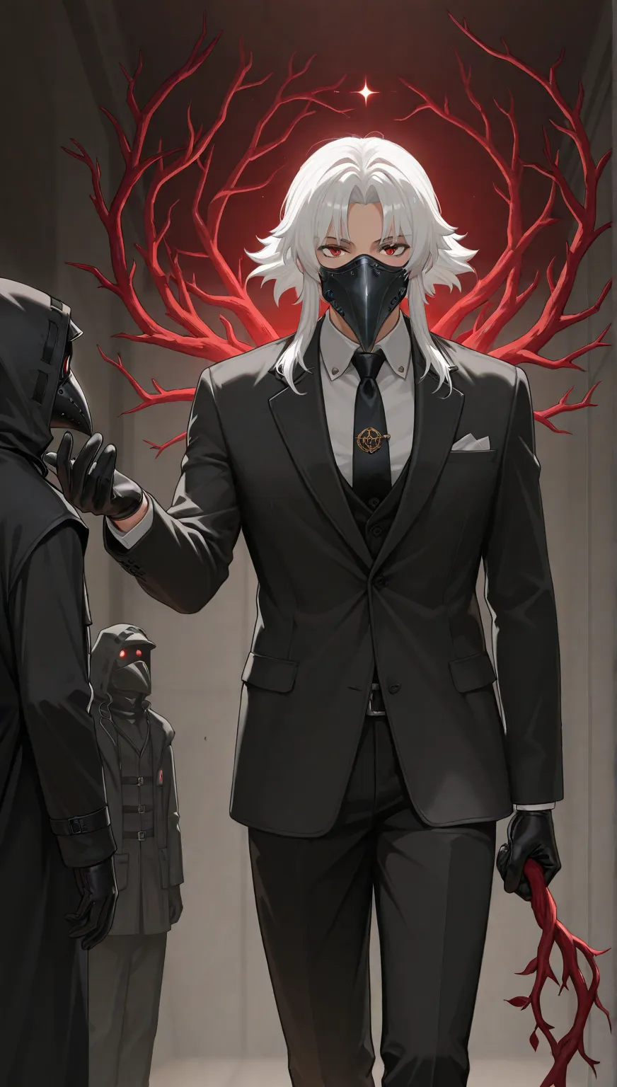 masterpiece,incredible quality,the best quality,ultra-detailed,8K, illustration,CG, 1 men, white hair, style gojo hair, red eyes, black suit, black gloves, doctor plague mask, standing with a red vine in hand