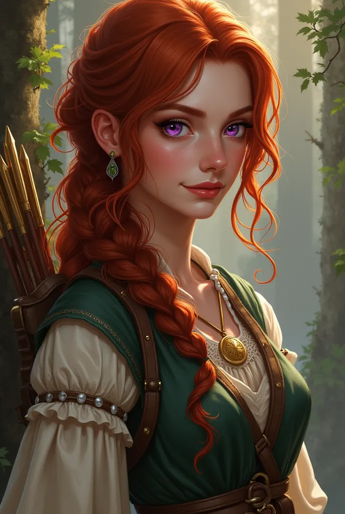 Create the image of my NPC from my Dungeons and Dragons tabletop RPG campaign, She is a red-haired woman with delicate features but a face with a certain mischief, She has purple eyes and brown hair, She's wearing the clothes of an adventurer/Warrior and h...