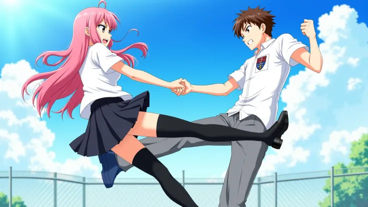 Web novel and manga anime illustration. Against the backdrop of a schoolyard under a blue sky with white clouds, two agers in school uniforms collide in a dynamic scene.  A girl with long pink hair, with fluttering strands, with short brown hair and a smug...