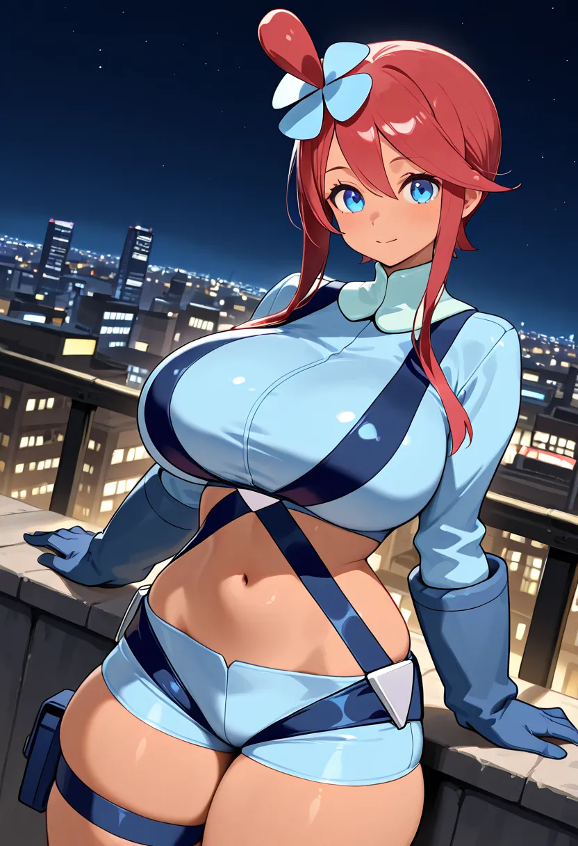 1girl, huge breasts, wide hips, thick thighs, pokemonskyla, blue eyes, tanned skin, hair ornament, one side up, red hair, short hair with long locks, sidelocks, outdoors, (night), city, blue gloves, blue jacket, blue shorts, crop top, cropped jacket, glove...