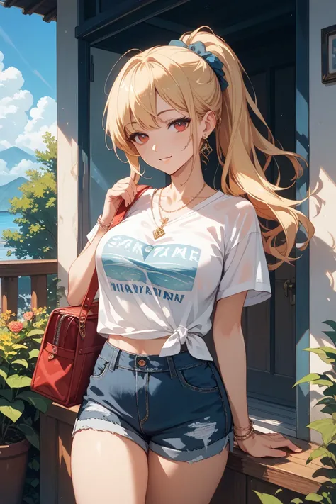 Create A beautiful anime girl with long blonde hair partially tied in ponytail style, with sharp and expressive red eyes. He has a beautiful body with large breasts and wears casual clothes, such as pastel-colored loose T-shirts and shorts or casual skirts...