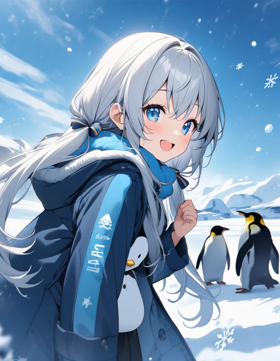  silver long hair 、beautiful girl with twin tails、smile、Antarctic snowfields、with cute penguins、Blue down coat 、