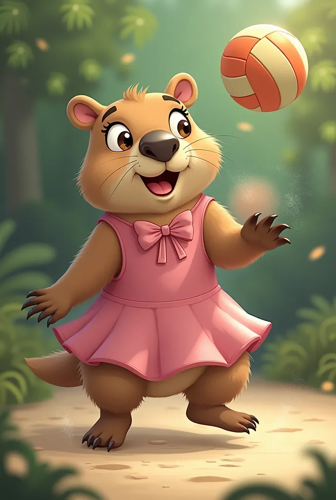 A female capybara playing volleyball wearing a pink dress and a pink ribbon