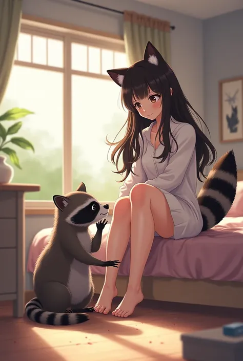 Racoon sitting on the floor holding left barefoot while licking right barefoot of tall anime woman with cat ears and tail sitting on bed in apartment 