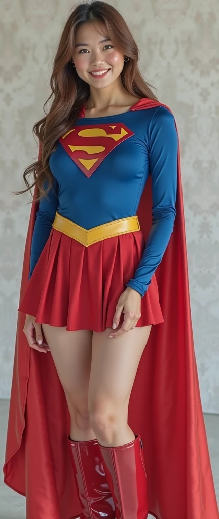 depicts as directed
Full body image of a cute Japanese woman in her 20s 、  charming blue eyes 　crispy medium brown hair and yellow border  =TOP SUPERGIRL COSTUME,     A shiny blue leotard with long sleeves that reaches the shoulders  、   Depict a cute youn...