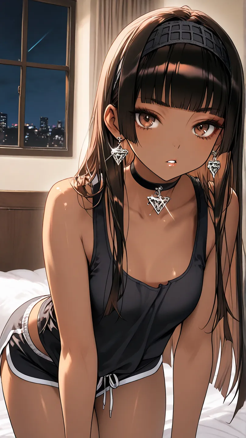 1Girl, Mature, Ebony, African American, Dark Brown Skin, Jet Black Hime Cut, Shiny Hair, Hime Cut, Bright Brown Eyes, Dark Brown Eye Shadow, Medium Chest, Black Tank-Top, Black Dolphin Shorts, Black Choker, Black Headband, Looking At Viewer, Bored, Teeth, ...