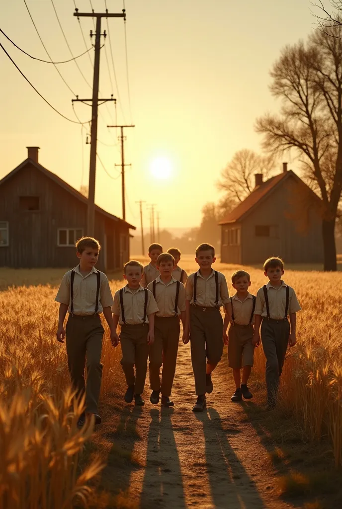 A group of seven  ren from the 1930s, dressed in worn linen shirts, braces and faded scarves, play in a golden wheat field near a rustic Soviet village. The scene shines under the warm sunset, casting long shadows on weathered wooden houses and a winding d...