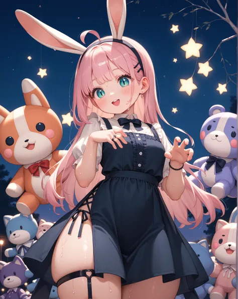 chibi anime , petit girl , round face , show off Thick thighs , bold open side drawstring dress , black garter ring , (heart is beating fast:0.1) , (Rodents tooth) , bold pose , out of frame , looking away , coquettish , rabbit ear , turn , night club , di...