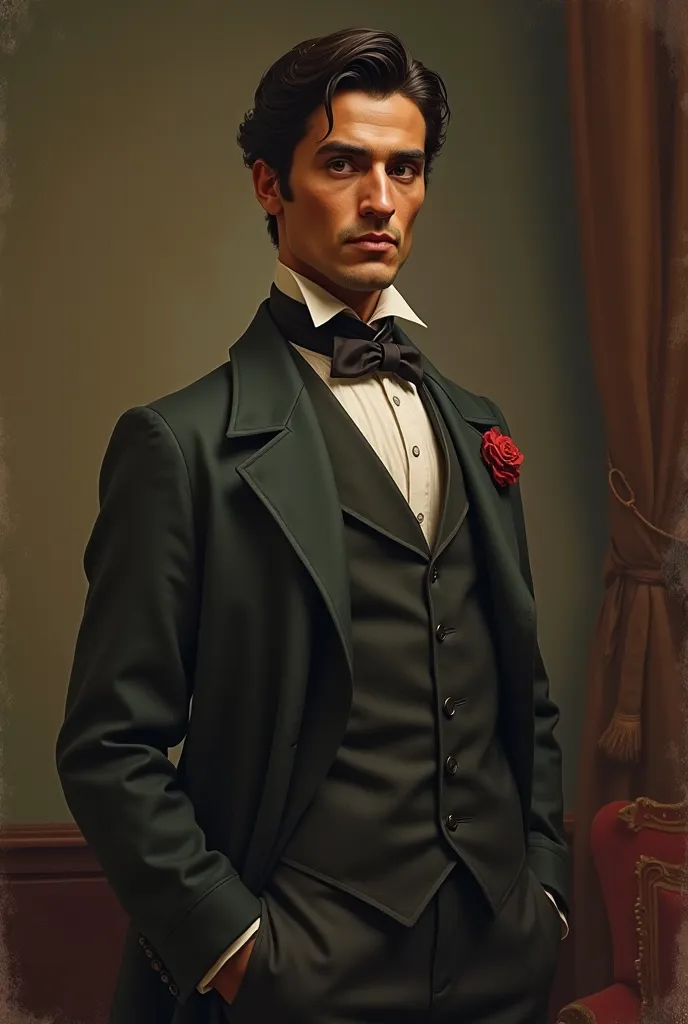 Make a totally Brazilian and bourgeois man, Brown with dark hair. At the time of 1869, He is 29 years old , wears formal clothes but not very formal, old, since he is at the time of 1869.