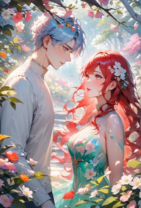 (A couple, beautiful girl and boy),(Look at each other), (best quality,very aesthetic,masterpiece,in a snowy place),ultra-detailed,realistic,translucent morning of spring,body details,vibrant color palette, (girl: long wavy light blue hair with light blue ...