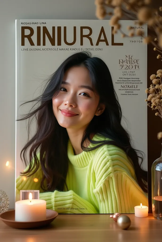 
"A premium lifestyle magazine with an elegant cover design, featuring a young woman with long black hair being blown away. She smiles softly with a warm look, wearing a soft neon green sweater. Her photography features natural lighting and warm shades tha...